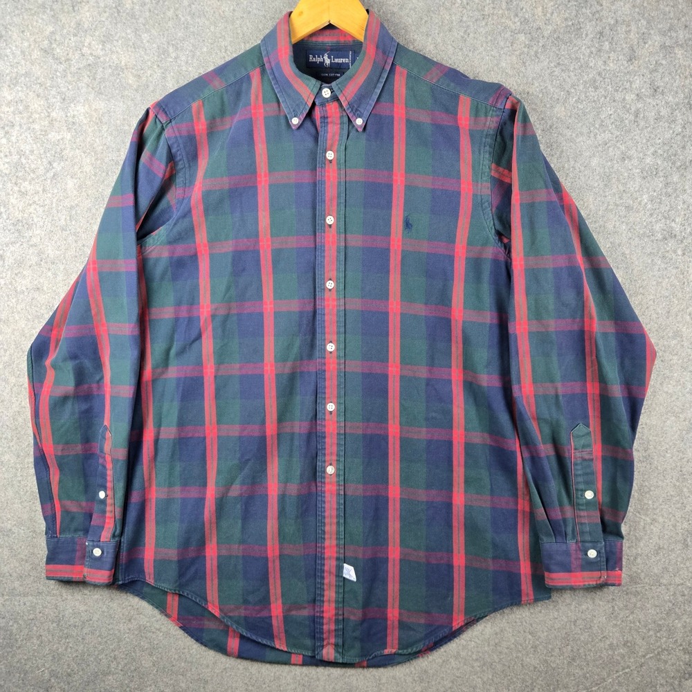 Ralph Lauren Button Down Shirt Mens Large Green Red Plaid Pony Logo 90s Vintage